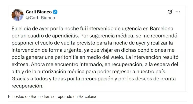 Posteo en X de Carlos Bianco