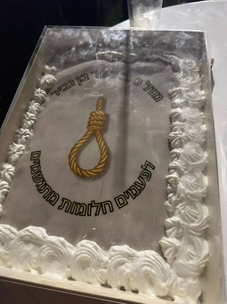 Ministro de Seguridad israelí celebra cumpleaños con pastel decorado con temática de pena de muerte