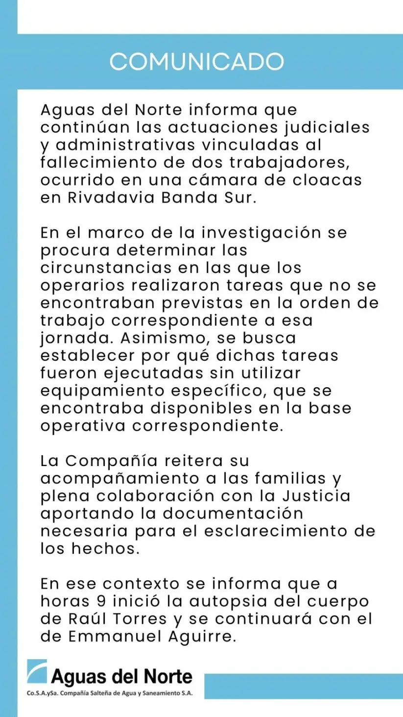 El nuevo comunicado de Aguas del Norte