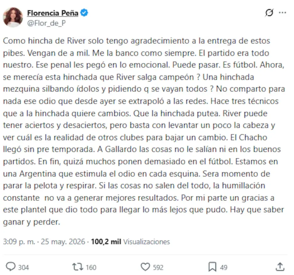 El posteo de Flor Peña.