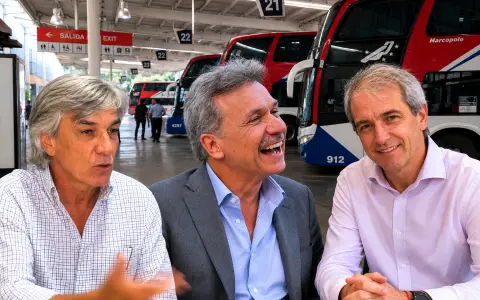 De izquierda a derecha: Guillermo, Raúl y Luis Derudder, referentes del grupo Flecha Bus. (Imagen generada a partir de fotos públicas)
