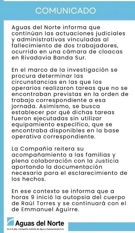 Comunicado de la empresa Aguas del Norte