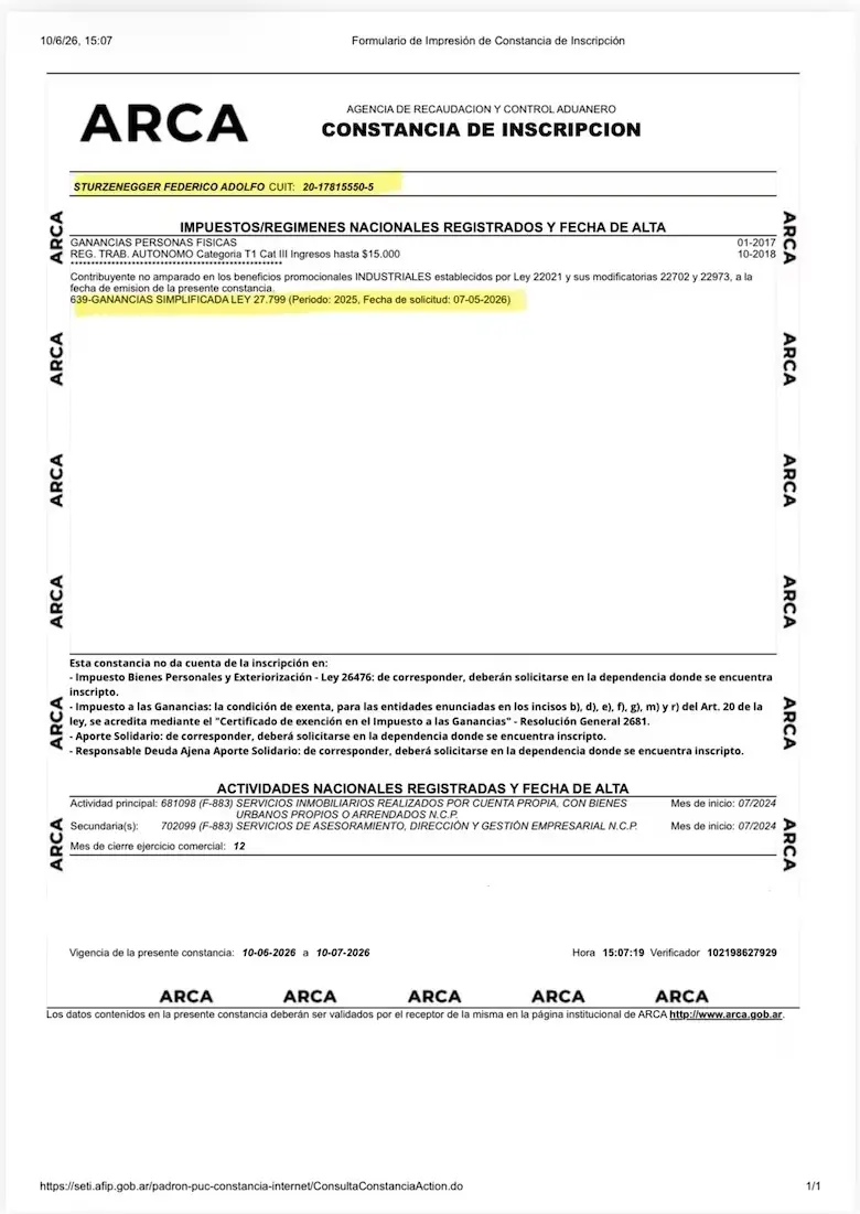 Constancia de ARCA sobre uno de los ministros.