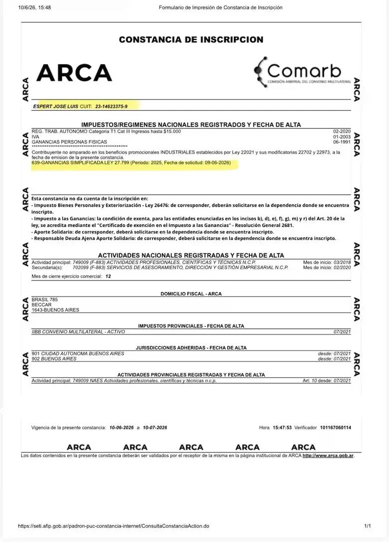 Constancia de ARCA sobre José Luis Espert.