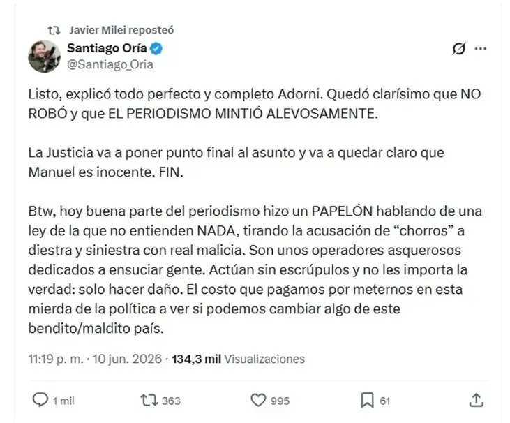 El reposteo de Javier Milei en X