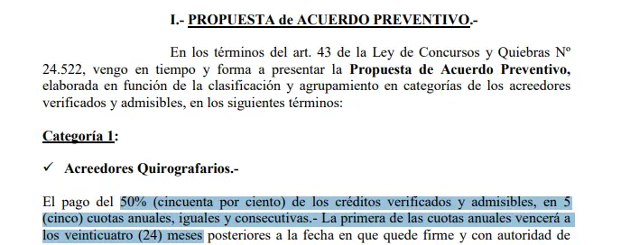 Captura de la propuesta de la firma ante la Justicia y los acreedores.