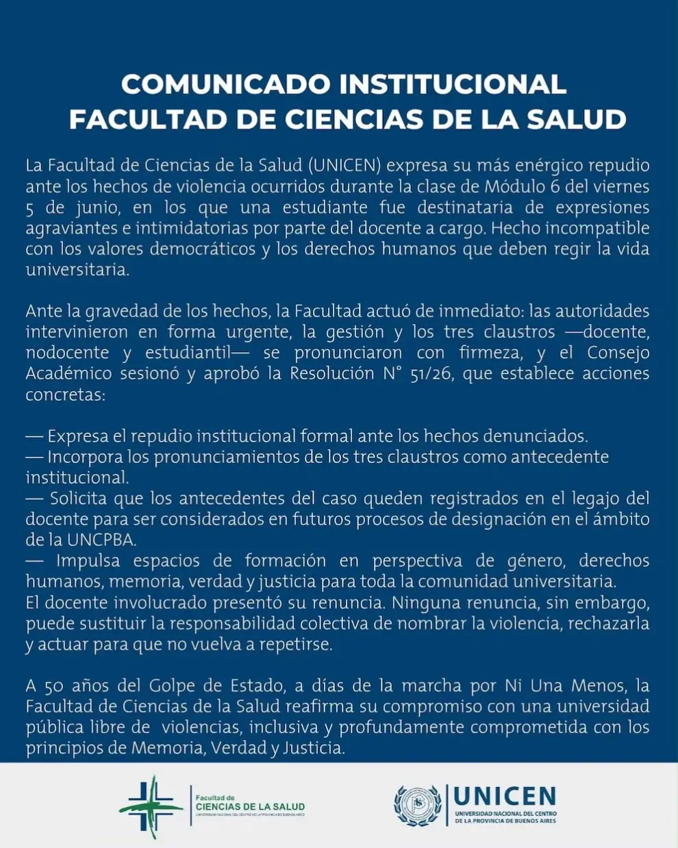 Comunicado de la facultad