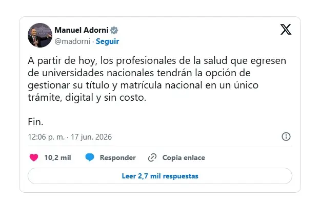 Posteo de Manuel Adorni
