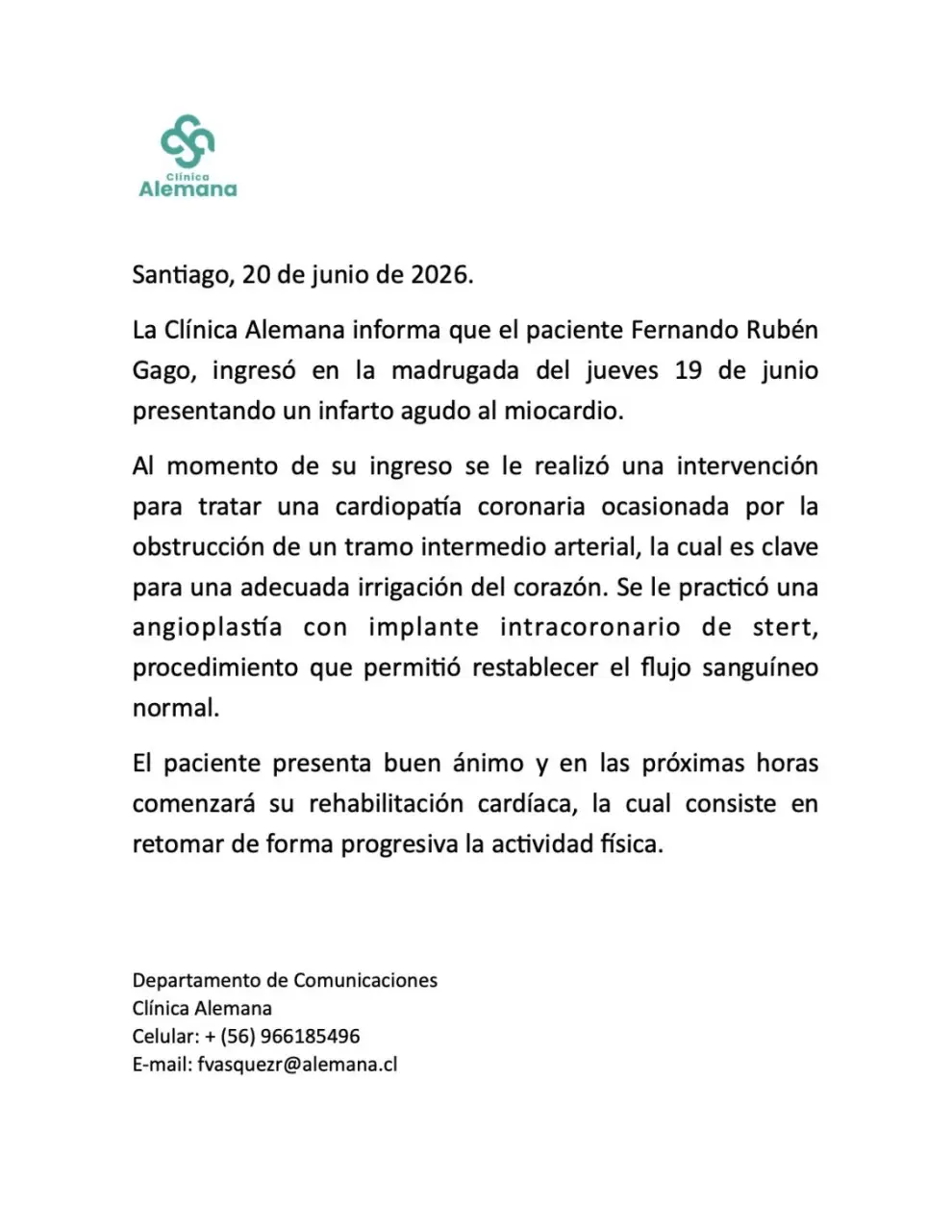 El último parte médico oficial de Fernando Gago.