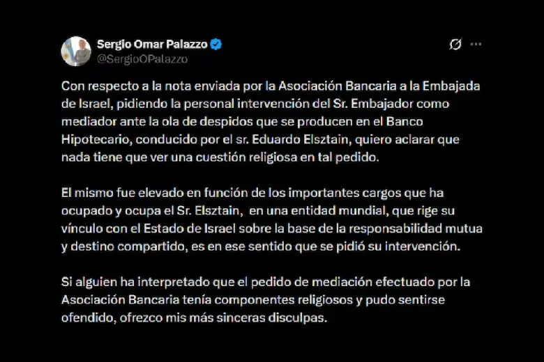 El posteo de Sergio Palazzo sobre la nota enviada al embajador de Israel en la Argentina.