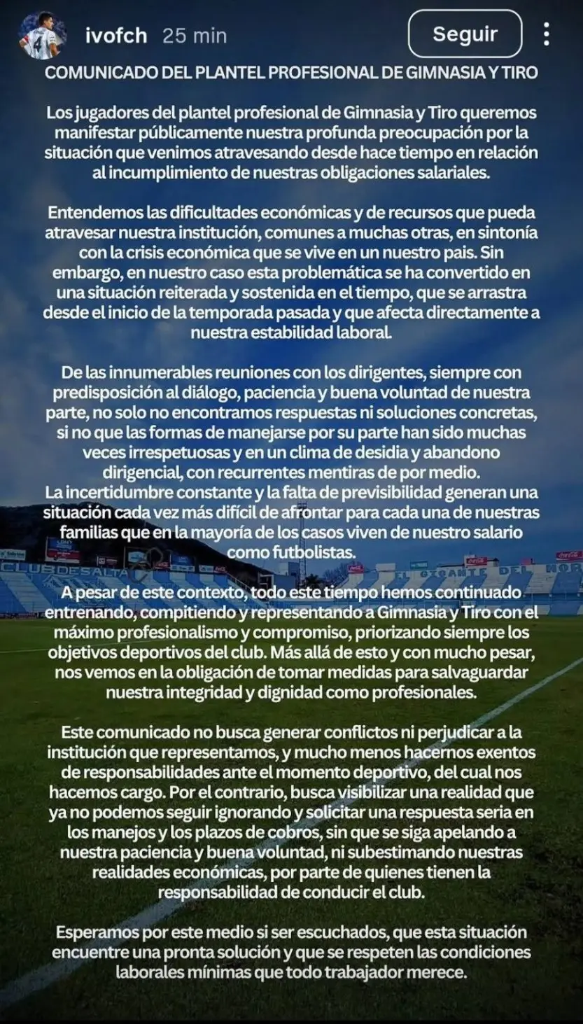 Durísimo comunicado del plantel de Gimnasia, publicado en las redes de su referente, Ivo Chaves.