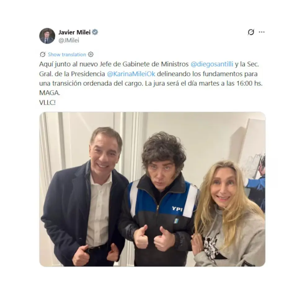 El posteo de Milei en X para confirmar a Santilli