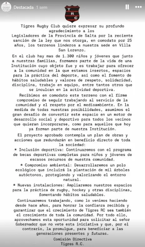 Comunicado de Tigres Rugby Club