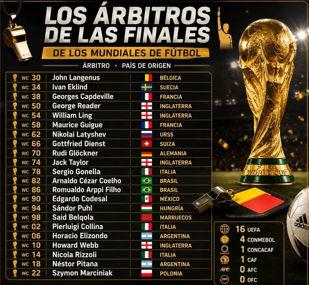 Todos los árbitros de las finales mundialistas en la historia.