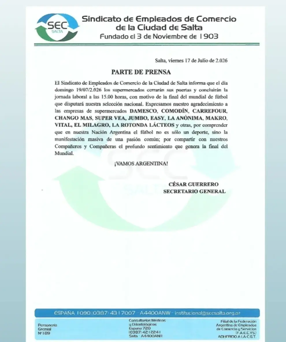 Comunicado del sindicato de comercio de Salta.