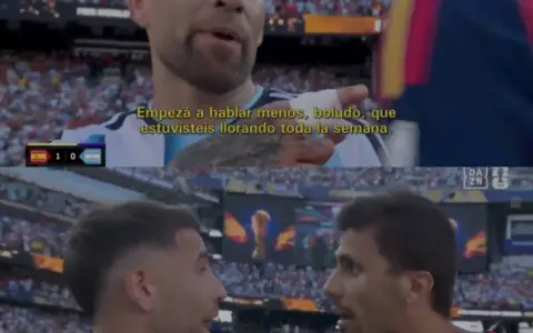 Nicolás Otamendi, enojado por cómo los españoles abrieron el paraguas en la previa con el arbitraje.