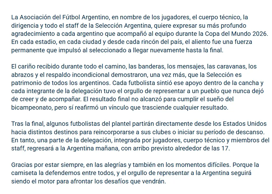 El comunicado de la AFA.