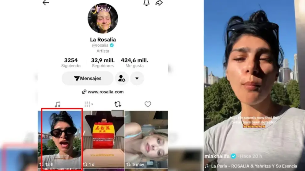 La solapa de reposteos de la cuenta de Rosalía con el video de Mia Khalifa antes que lo borre.