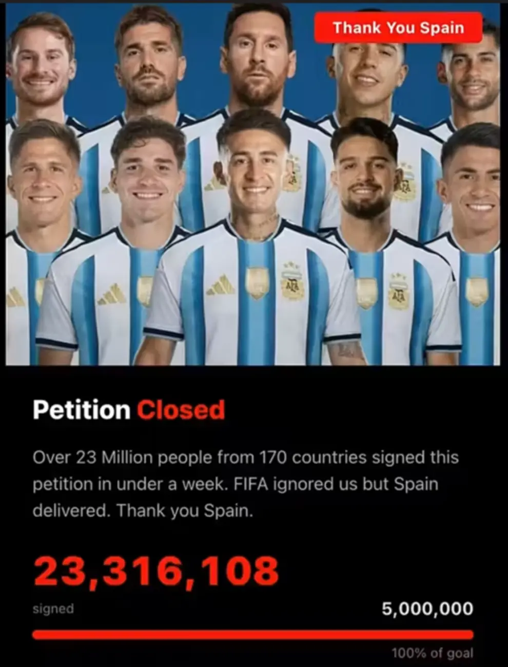La petición de no admitir a la Argentina en próximos mundiales pasó los 23 millones