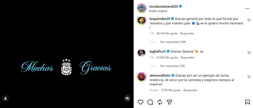El posteo en Instagram del defensor y los comentarios de sus excompañeros.
