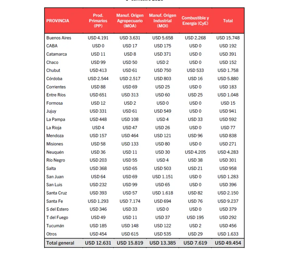 Exportaciones por grandes rubros de cada región.