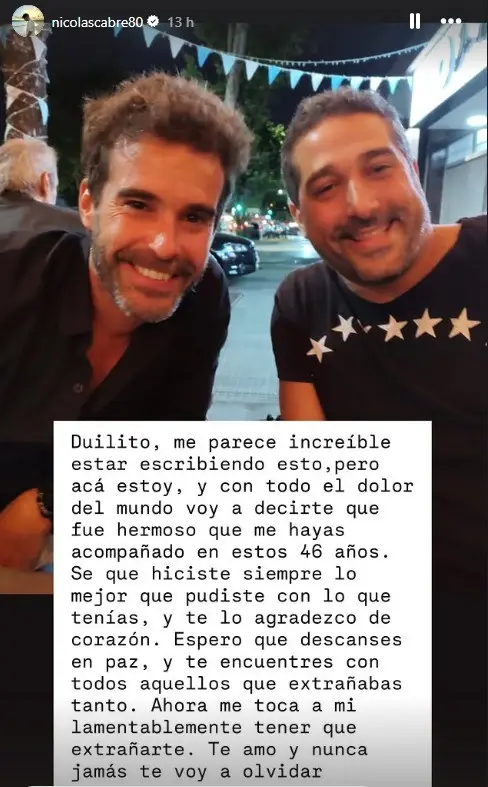 Nicolás Cabré despidió a su hermano mayor en redes sociales.